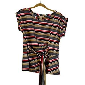 Banana Republic Women's Size‎ Medium Red/Tan/Blue/Black Striped Blouse w/Tie